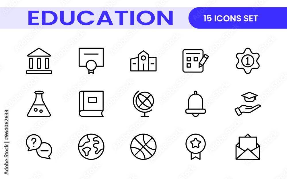 Education line icons collection. Big UI icon set in a flat design. Thin outline icons pack. Thin line icons set of academic subjects and education. Outline symbol collection. Education line icons collection. Big UI icon set in a flat design. Thin outline icons pack. Thin line icons set of academic subjects and education. Outline symbol collection.