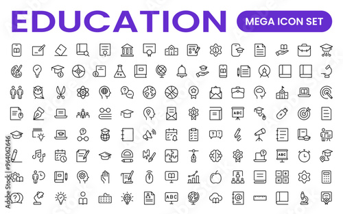Education line icons collection. Big UI icon set in a flat design. Thin outline icons pack. Thin line icons set of academic subjects and education. Outline symbol collection.