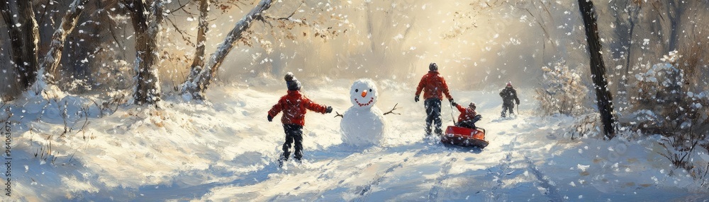 A family enjoying a snow day, building a snowman, sledding down hills, and having a playful snowball fight A family enjoying a snow day, building a snowman, sledding down hills, and having a playful snowball fight