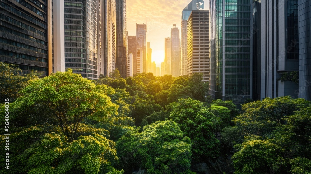 Fototapeta premium Green trees among buildings. Tall buildings falling all around. Sustainable purchasing concept. Waste reduction.