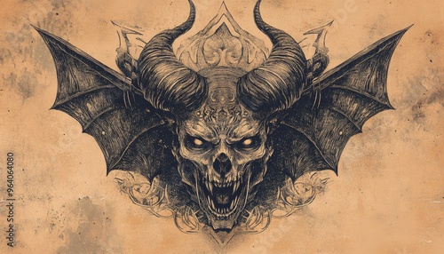 Vintage style illustration of a devil s head featuring intricate details and a captivating aesthetic photo