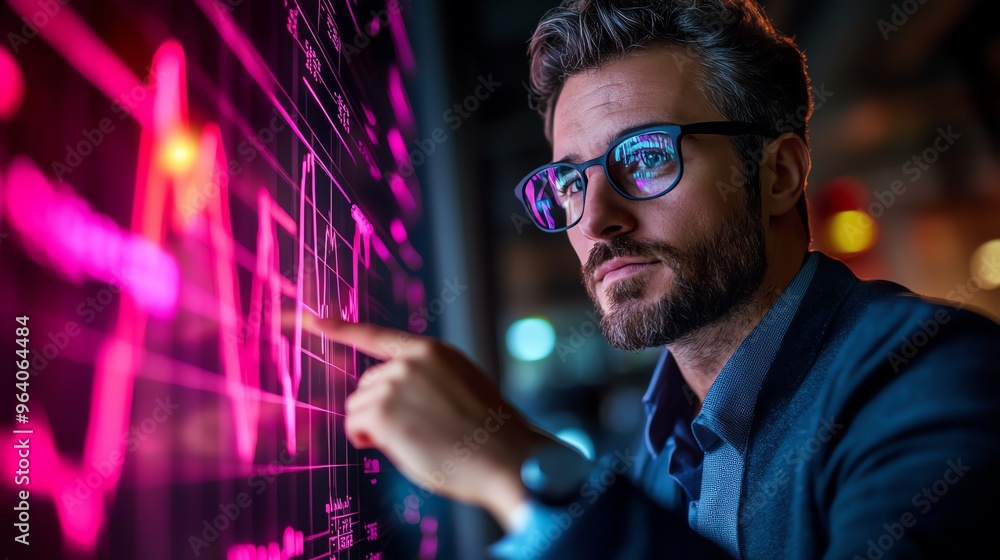 A man wearing glasses studies a pink graph on a large digital screen, his hand touching the surface. A man wearing glasses studies a pink graph on a large digital screen, his hand touching the surface.