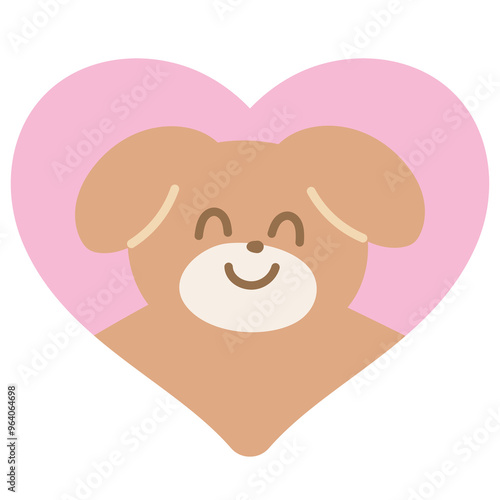 Smiling puppy and pink heart for Valentine, adopt pet, rescue animal, pet shop, cartoon character, mascot, souvenir shop, cute patch, brooch, shirt print, dog doll, kid toy, sticker, love sign, comic