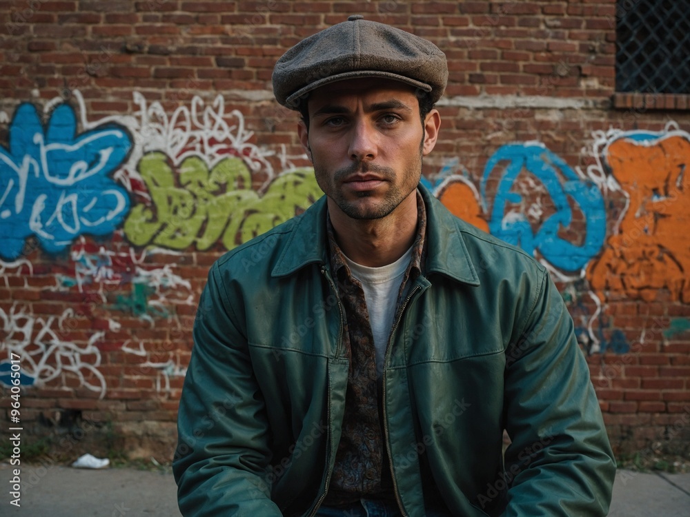 Obraz premium Young African American man with short dark hair wearing flat cap, green jacket, and gray shirt standing in front of brick wall with graffiti