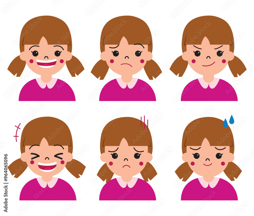 Girl or kid facial expression character. Happiness, anger, smile, shock, fear, joy for illustration and education Girl or kid facial expression character. Happiness, anger, smile, shock, fear, joy for illustration and education