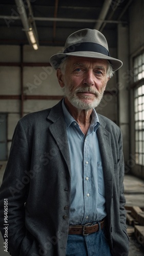 Elderly caucasian man with long white beard and mustache, wearing gray hat, blue shirt, and dark jacket, standing in rustic indoor setting with wooden walls and windows