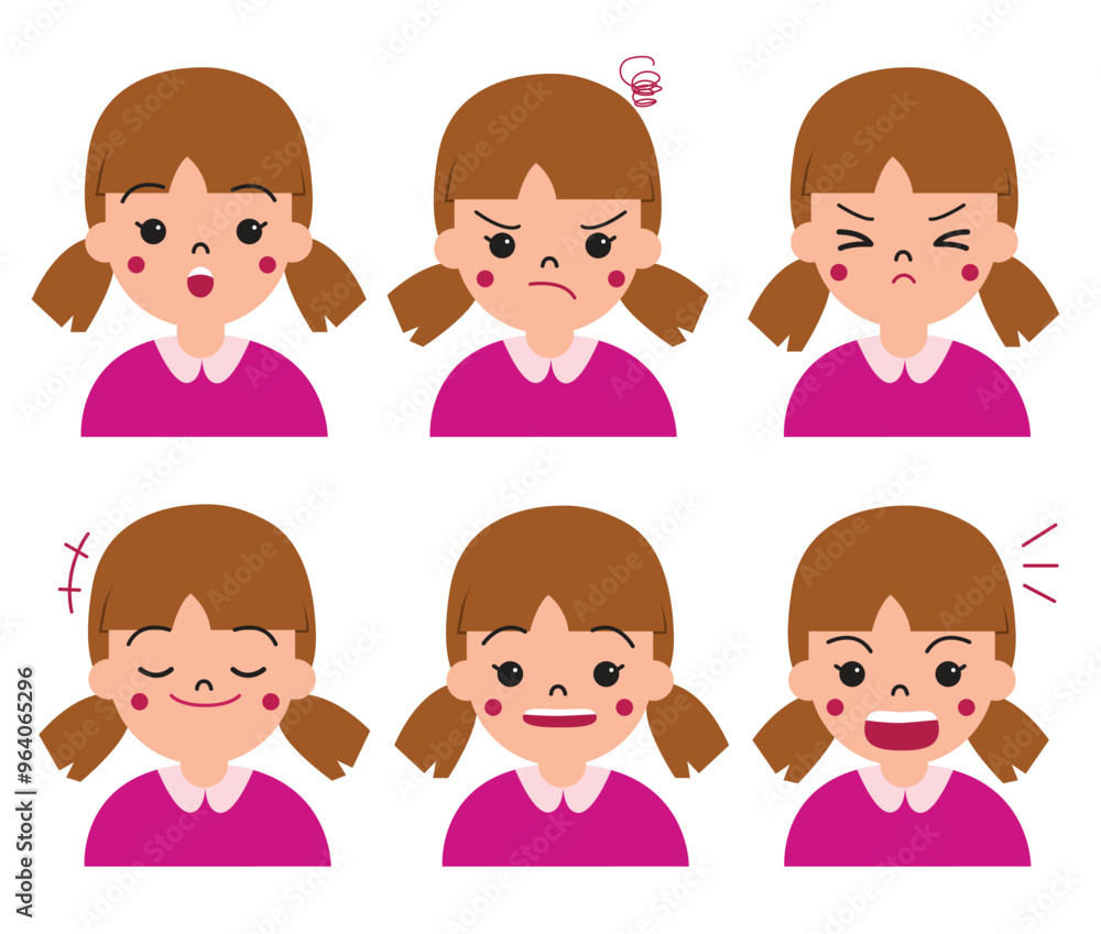 Girl or kid facial expression character. Happiness, anger, smile, shock, fear, joy for illustration and education Girl or kid facial expression character. Happiness, anger, smile, shock, fear, joy for illustration and education