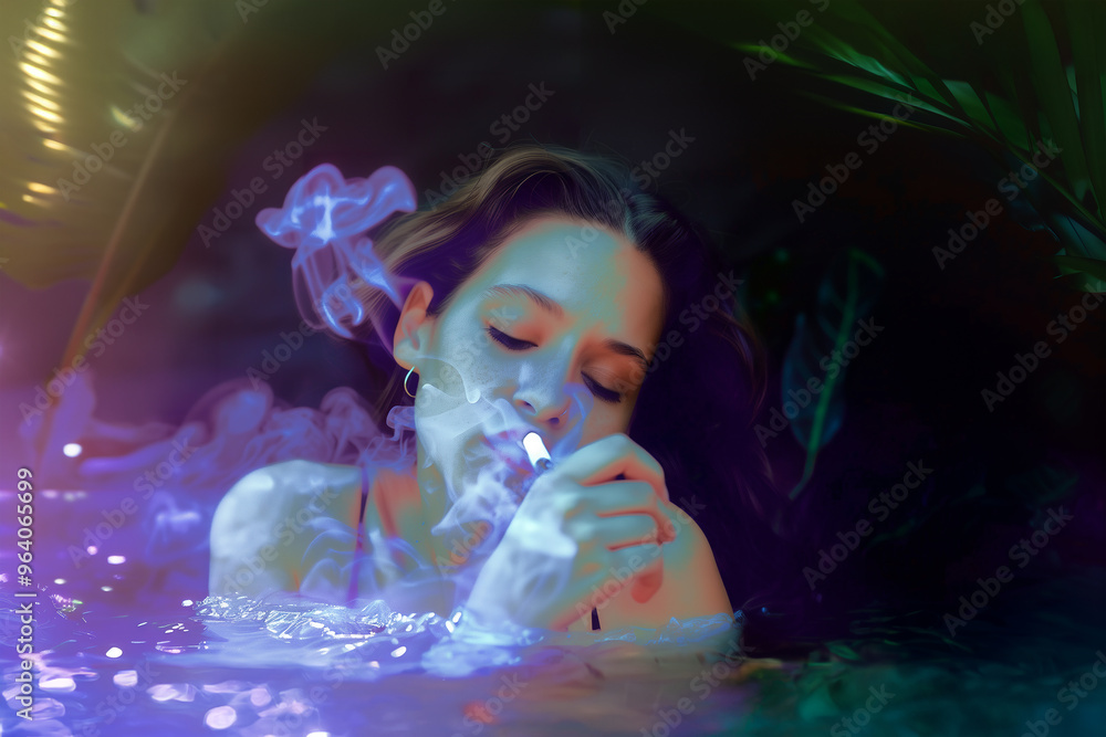 a woman, smoking a cigarette with her eyes closed, filled with purple and blue smoke, in a dreamlike atmosphere, with her serene expression, her face illuminated in a soft, ethereal glow a woman, smoking a cigarette with her eyes closed, filled with purple and blue smoke, in a dreamlike atmosphere, with her serene expression, her face illuminated in a soft, ethereal glow