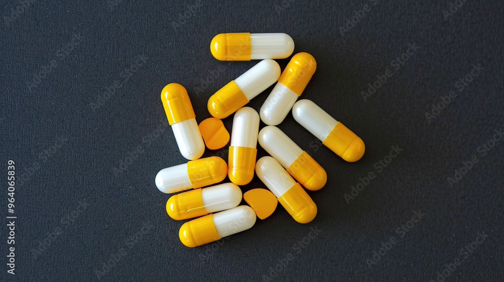 Close up of a group of yellow and white capsules on a black background. A high quality photograph of pills, ideal for medical or pharmaceutical concepts. Close up of a group of yellow and white capsules on a black background. A high quality photograph of pills, ideal for medical or pharmaceutical concepts.
