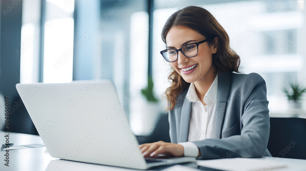 Smiling Businesswoman Using Laptop at Modern Office Smiling Businesswoman Using Laptop at Modern Office