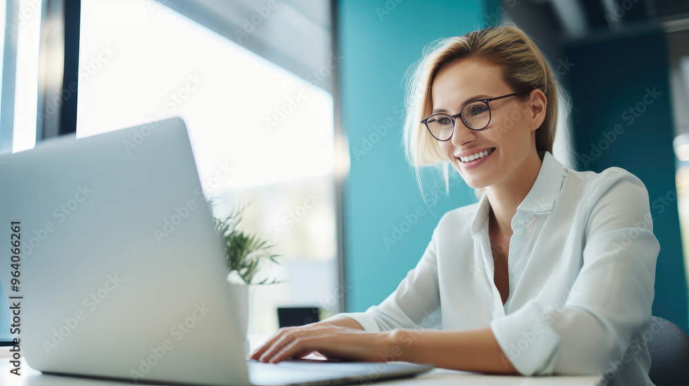 Smiling Businesswoman Using Laptop at Modern Office Smiling Businesswoman Using Laptop at Modern Office