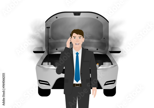 Car Breakdown. Man Using Smartphone to Call a Car Service or Mechanic for Help after Car Breakdown. Vector Illustration.