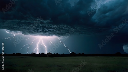 A powerful storm rages on, with black clouds rolling in and unleashing bolts of blue lightning that cut through the darkness, creating a mesmerizing display of light and shadow.