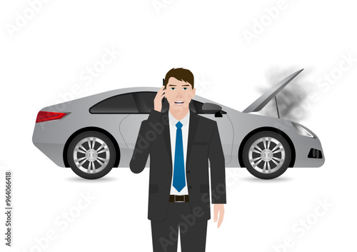 Car Breakdown. Man Using Smartphone to Call a Car Service or Mechanic for Help after Car Breakdown. Vector Illustration.