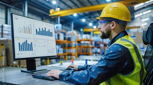 logistics engineer Look at the computer screen showing the warehouse management software. photo