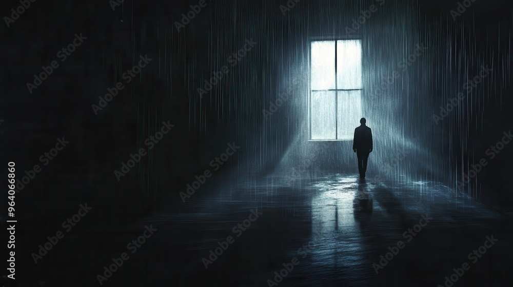 Solitude in the Shadows - Photorealistic Dark Room Scene with Rain Pouring Outside, Cold Tones and High Contrast, Concept of Isolation and Contemplation Solitude in the Shadows - Photorealistic Dark Room Scene with Rain Pouring Outside, Cold Tones and High Contrast, Concept of Isolation and Contemplation