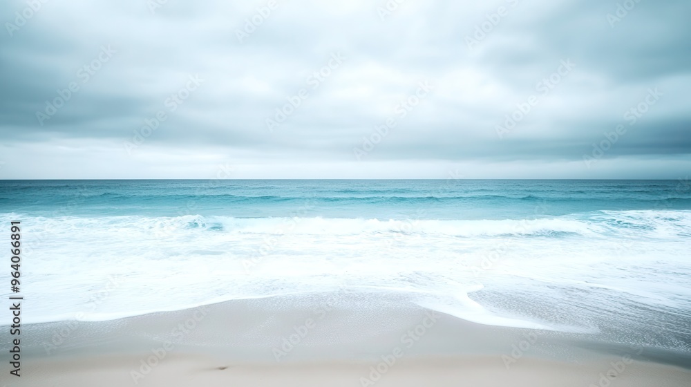 Tranquil Solitude: Moody Empty Beach with Soft Waves and Cloudy Sky for Text Space Tranquil Solitude: Moody Empty Beach with Soft Waves and Cloudy Sky for Text Space