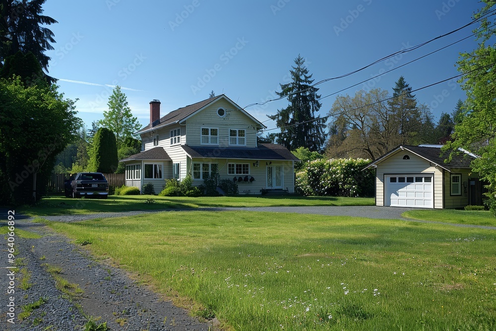 Charming cream-colored house with large backyard, lush green grass, attached garage, and parking area, set against a sunny blue sky in Washington State. Charming cream-colored house with large backyard, lush green grass, attached garage, and parking area, set against a sunny blue sky in Washington State.