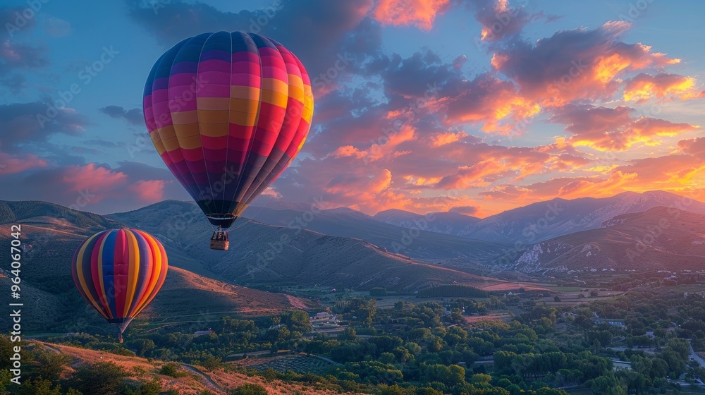 Fototapeta premium Hot air balloons at sunset, glowing sky, colorful balloons, serene landscape, floating over mountains, tranquil and picturesque, AI Generative