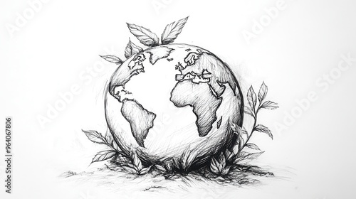 Fototapeta Naklejka Na Ścianę i Meble -  Global Growth - Monochrome Pencil Sketch of Earth with Lush Plants on Continents, Shaded Illustration of World Ecology Concept