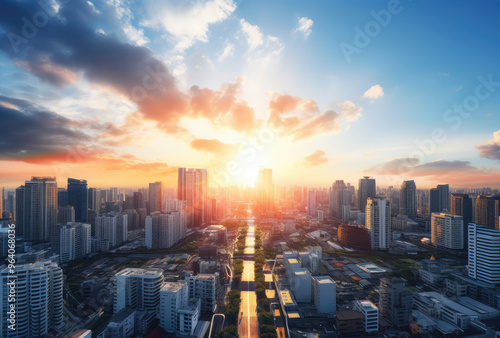 Vibrant Sunset Over Bustling City Skyline