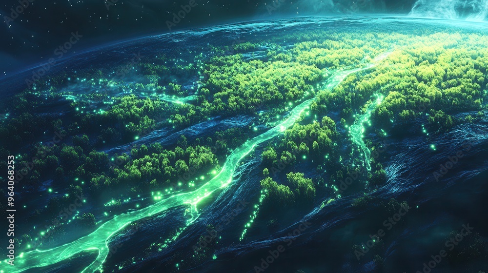 Futuristic Aerial View of Glowing Green Forest and Rivers at Night Futuristic Aerial View of Glowing Green Forest and Rivers at Night
