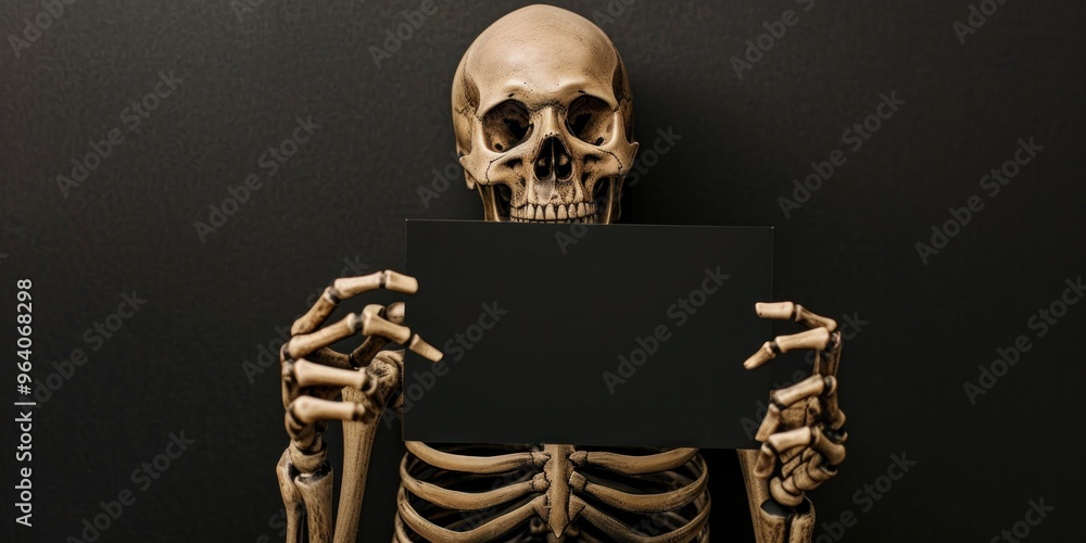 Skeleton holding a black card Skeleton holding a black card