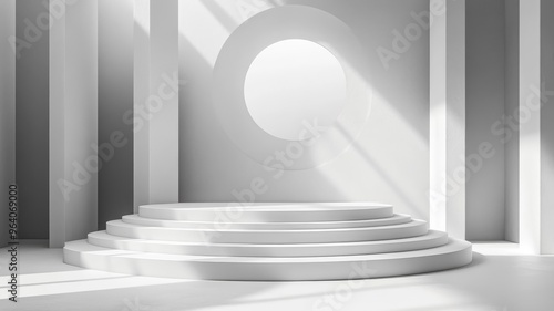 Modern white podium in stylized 3D style with geometric forms and soft shadows. photo