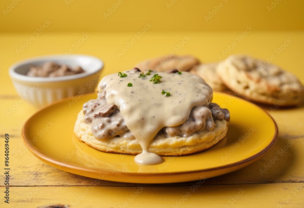 Biscuit with Herb-Topped Gravy and Sausage Gravy on Yellow Biscuit with Herb-Topped Gravy and Sausage Gravy on Yellow