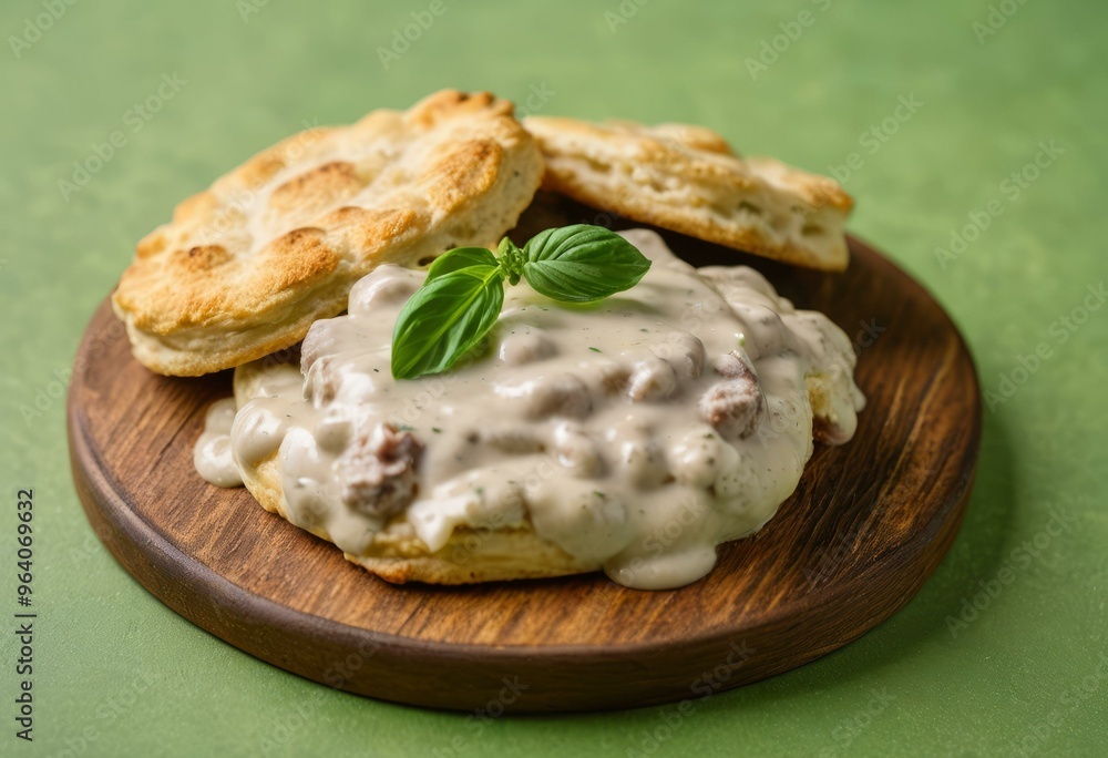 Biscuits with Sausage Gravy and Basil on Green Backdrop Biscuits with Sausage Gravy and Basil on Green Backdrop