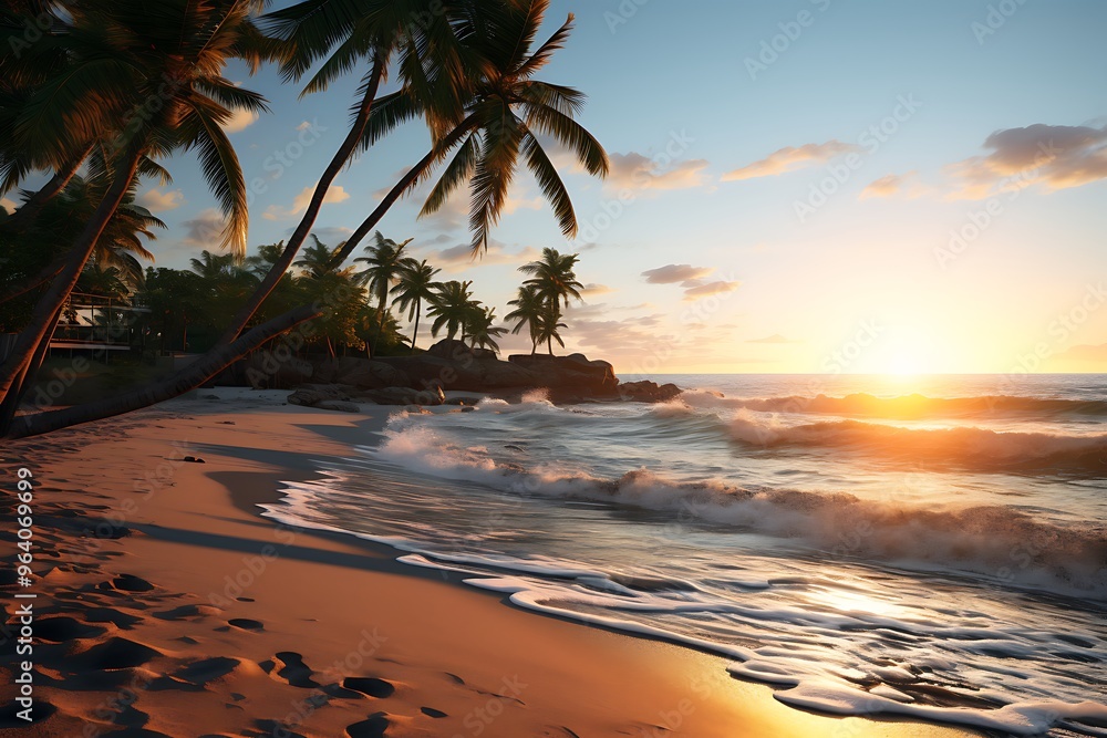 Fototapeta premium Beautiful sunset over the sea with palm trees. 3d render