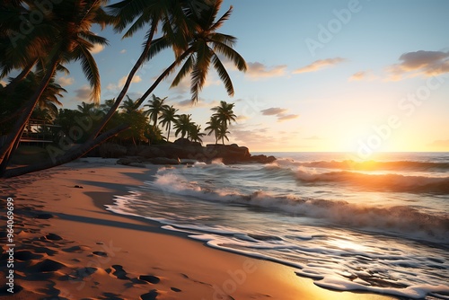 Beautiful sunset over the sea with palm trees. 3d render