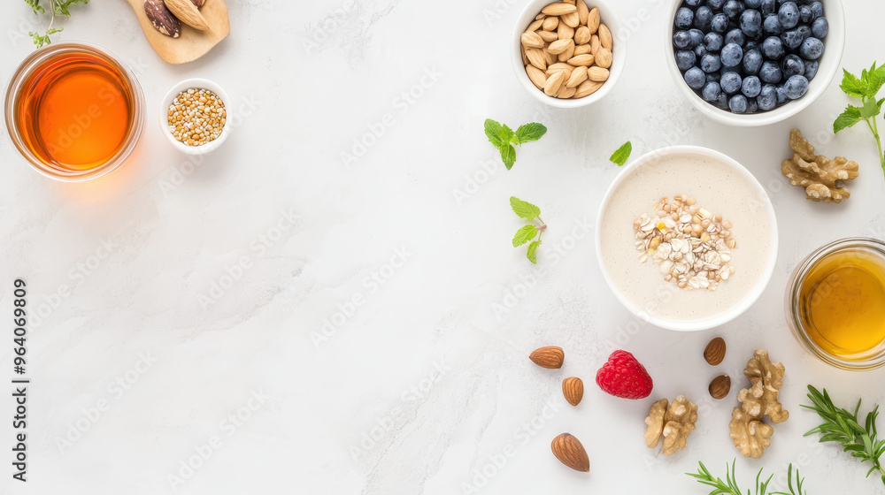 Obraz premium Assorted healthy food ingredients displayed on a light marble surface, featuring nuts, berries, and oils for a nutritious lifestyle