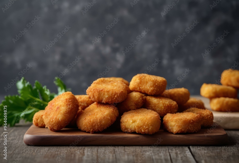 Golden-Brown Breaded Nuggets on Rustic Dark Background Golden-Brown Breaded Nuggets on Rustic Dark Background