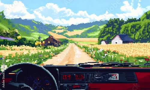 car cab view, pixelated retro game style, Long countryside road on a sunny day, 4K video stock