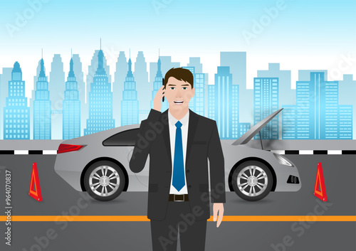 Car Breakdown. Man Using Smartphone to Call a Car Service or Mechanic for Help after Car Breakdown. Vector Illustration.