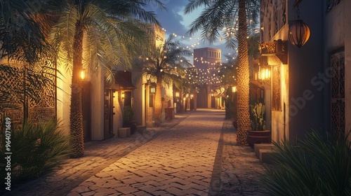 A narrow cobblestone street lined with traditional buildings, palm trees, and string lights at dusk.