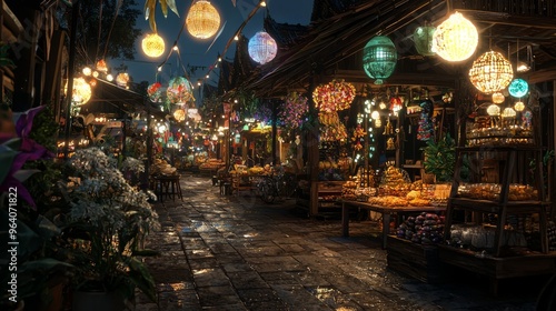 A narrow, lantern-lit street lined with stalls selling local crafts and food.