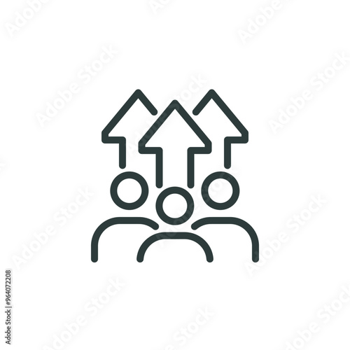 Growth population, professional potential, increase team outline icon. Line sign team of people and three arrows pointing up. Vector isolated pictograms for web on white background editable stroke.