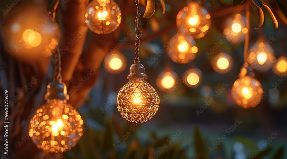 A string lights, multiple golden round shaped light bulbs hanging from thin wire with clear LED lights, rustic look, hanging in a tree, providing warm lighting in a natural setting. Generative AI. A string lights, multiple golden round shaped light bulbs hanging from thin wire with clear LED lights, rustic look, hanging in a tree, providing warm lighting in a natural setting. Generative AI.