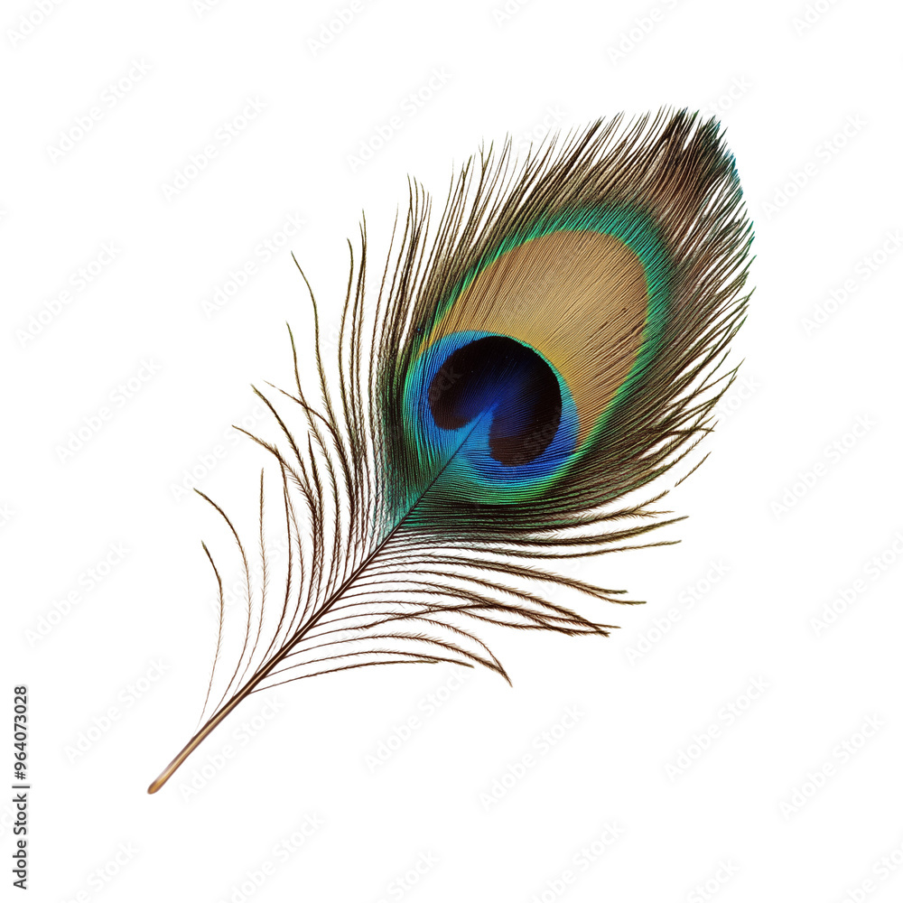 Obraz premium Single peacock feather isolated on white background 