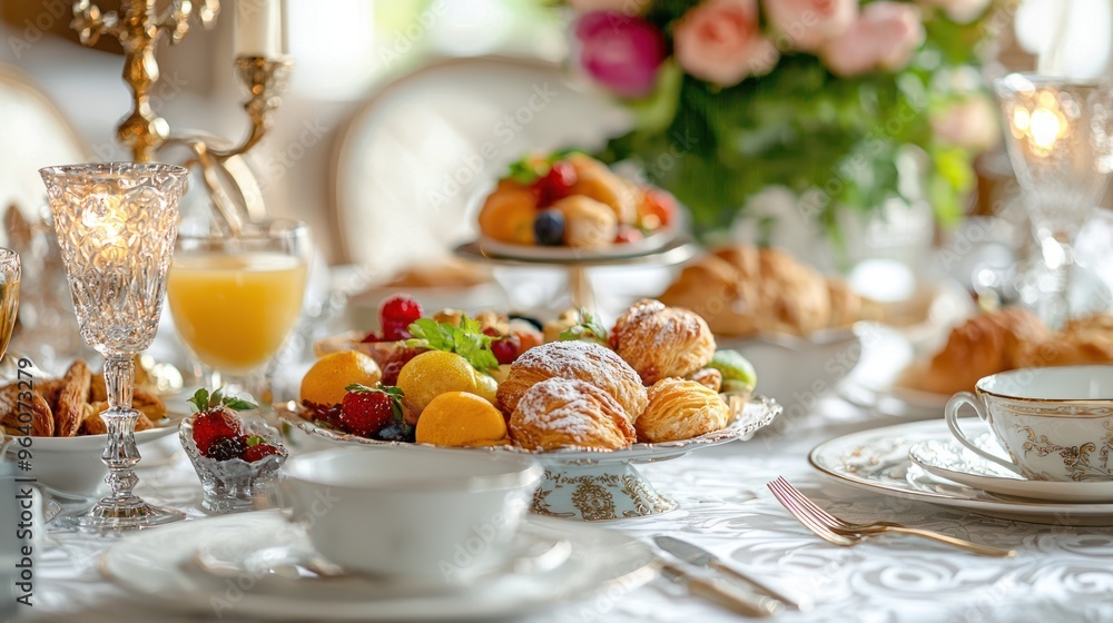 luxurious breakfast spread with a variety of pastries, fruits, and beverages on a beautifully set table, with elegant tableware luxurious breakfast spread with a variety of pastries, fruits, and beverages on a beautifully set table, with elegant tableware