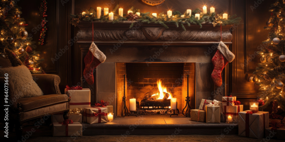 Cozy and festive image of christmas stockings hanging on a fireplace with a crackling fire and a beautiful garland Cozy and festive image of christmas stockings hanging on a fireplace with a crackling fire and a beautiful garland