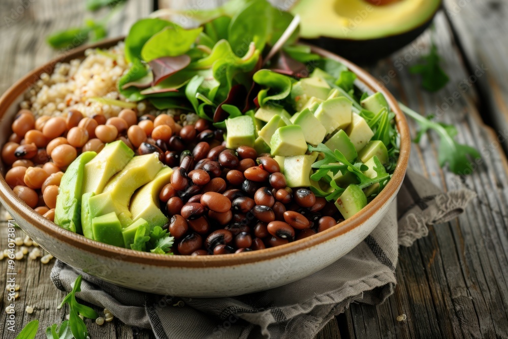 Photo: Healthy vegan bowl with black eyed beans, chickpeas, quinoa, avocado and greens, beautifully arranged, high angle composition, natural daylight, rustic wooden table in the background. Photo: Healthy vegan bowl with black eyed beans, chickpeas, quinoa, avocado and greens, beautifully arranged, high angle composition, natural daylight, rustic wooden table in the background.