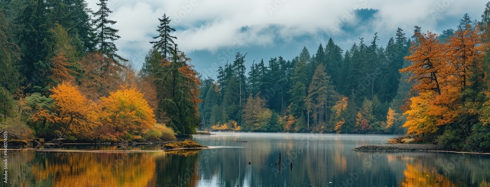 Fototapeta premium Autumn Serenity at a Panoramic Forest Lake