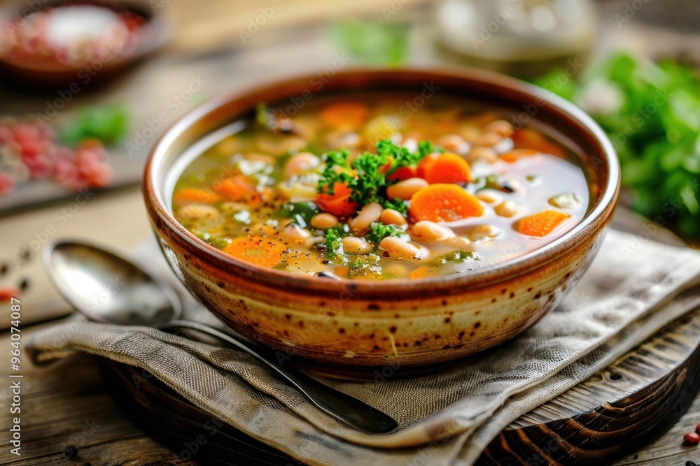healthy black-eyed bean, carrot and cabbage soup, served in a rustic bowl on a linen napkin, with a spoon on the side, soft natural lighting, background - wooden background healthy black-eyed bean, carrot and cabbage soup, served in a rustic bowl on a linen napkin, with a spoon on the side, soft natural lighting, background - wooden background