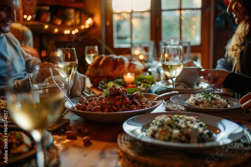 Photo, happy african family enjoying meal with black peas dishes, warm evening lighting, cozy dining room background