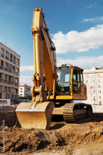 An excavator carries out excavation work among houses in the city