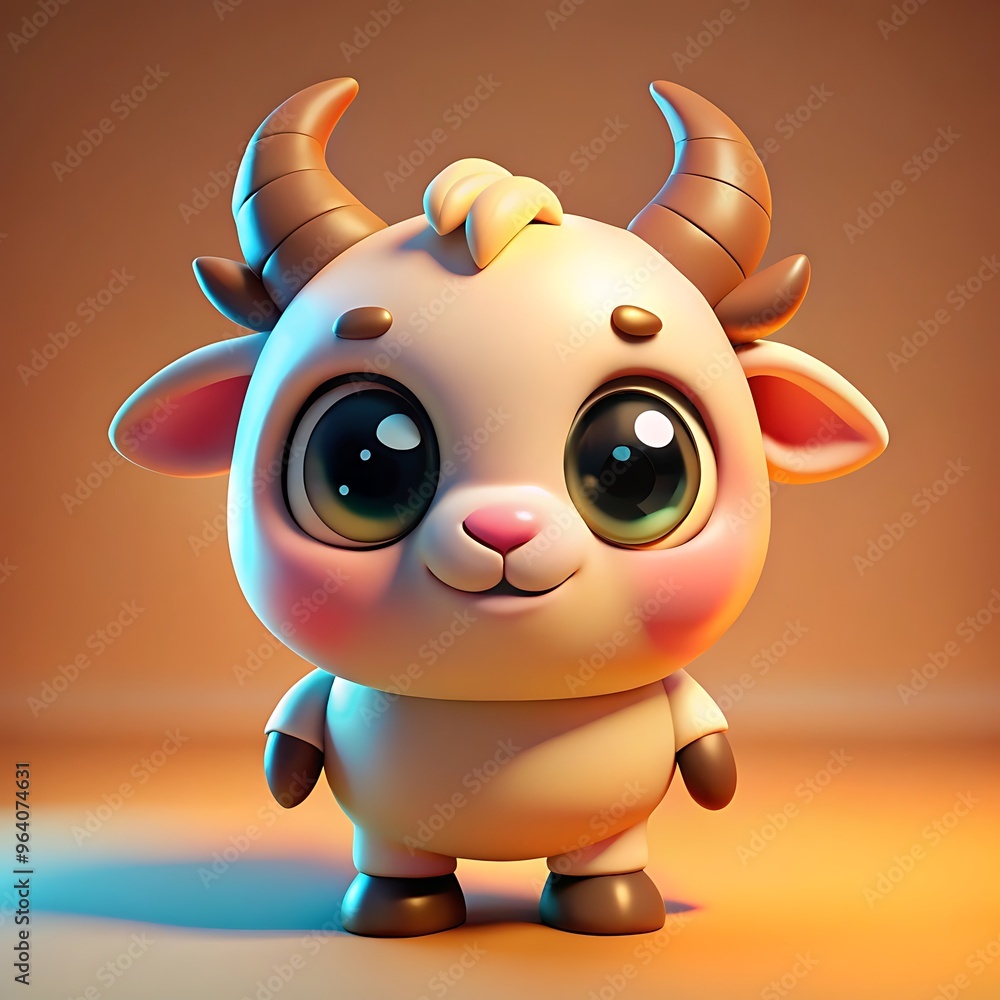 Obraz premium A very cute, chubby cartoon-style goat, featuring a big round head, a big round body, and large expressive eyes. The design includes low-detail geometry with a clean colors background.