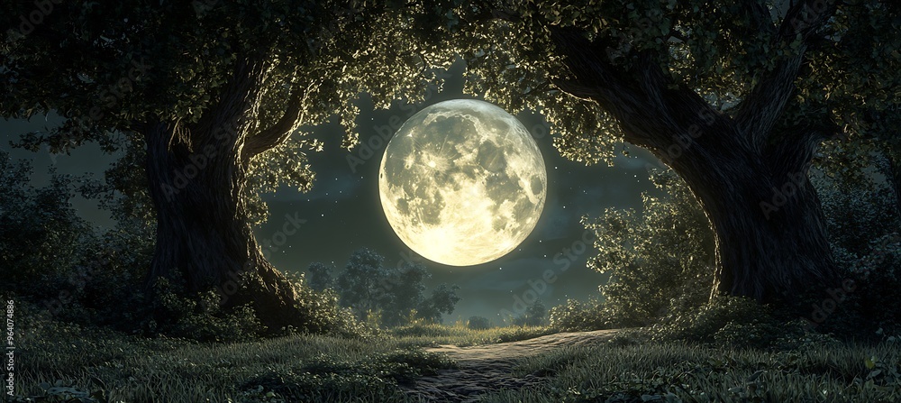 Fototapeta premium A dark, moonlit forest with a large central space for text